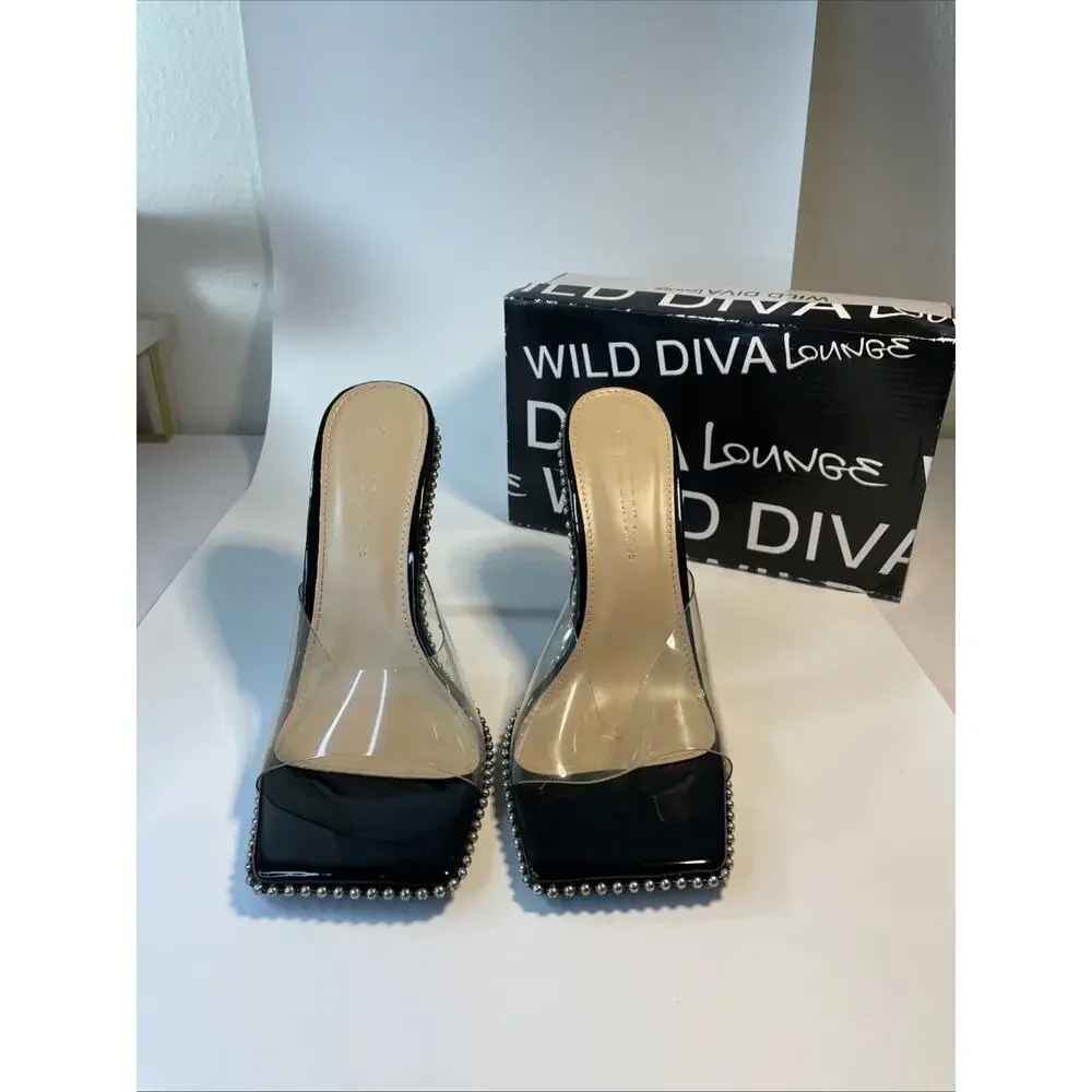 Wild Diva Lounge Boli-02 Black Studded Clear Strap Square Toe Mules Heels Sz 9